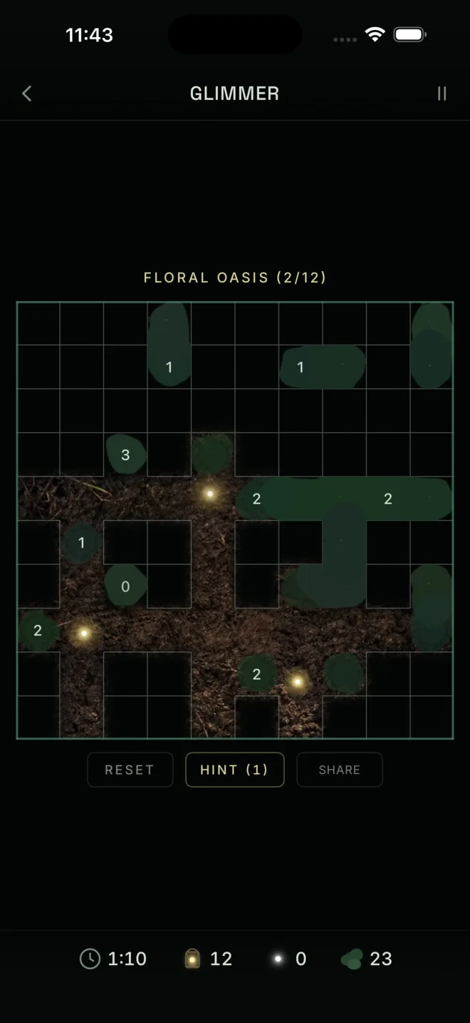 The actual Glimmer puzzle screen with fireflies revealing a moonlit path on iPhone.