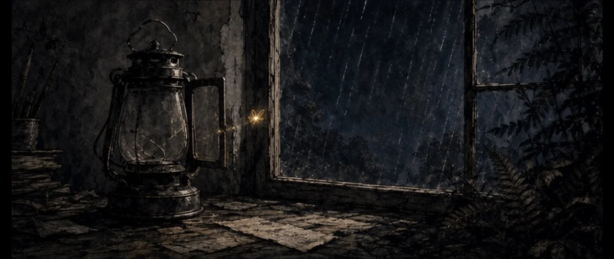 A quiet storybook landscape opening into darkness.