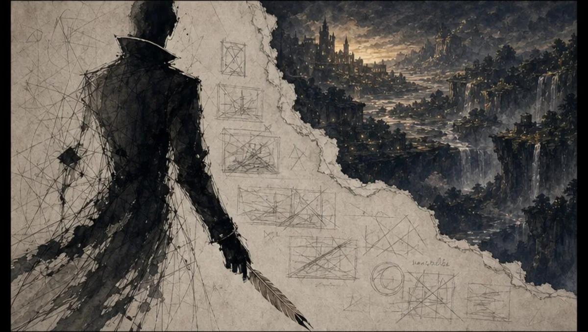 Morrow stepping out of the unfinished sketches of his story.