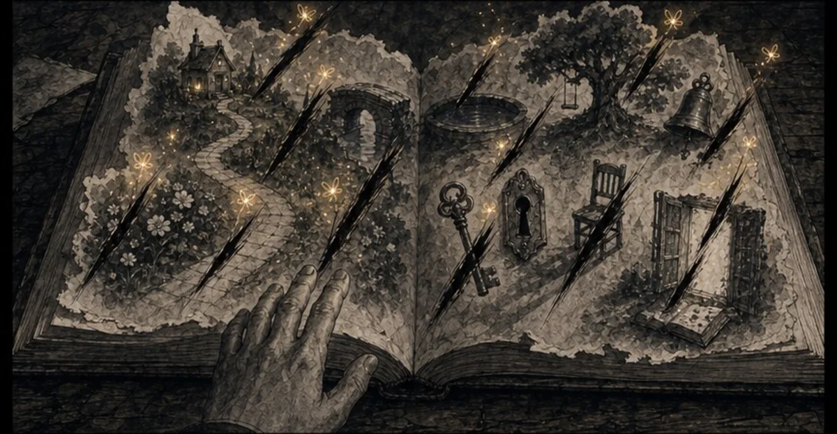 Morrow looming over a wounded storybook.