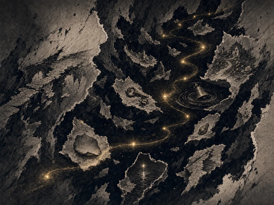 Golden glimmers winding through fragments of wounded stories.