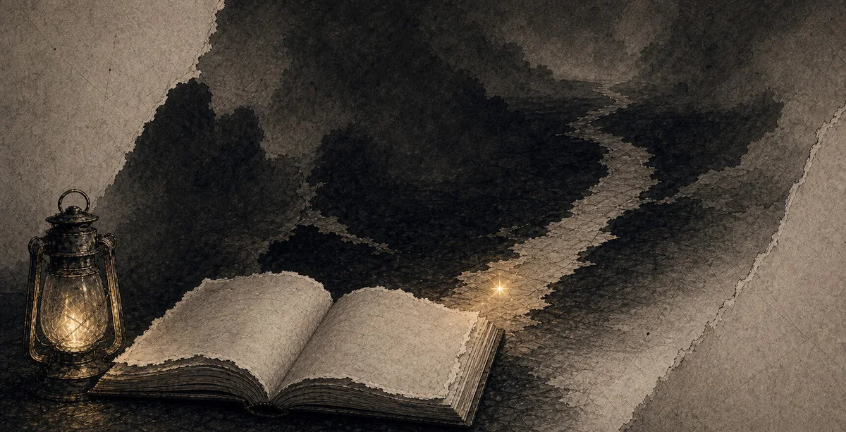 An open storybook and lantern beside a path into darkness.