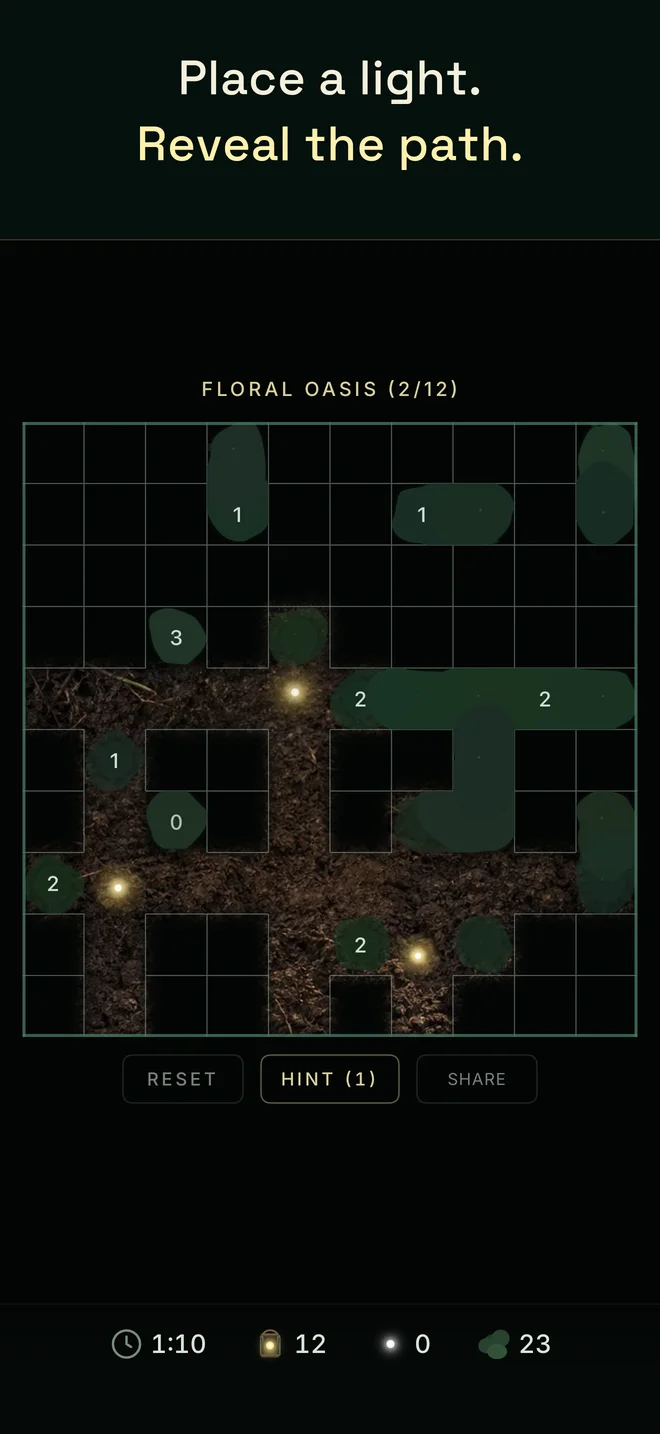 App Store screenshot: fireflies lighting an Akari puzzle path in Glimmer, captioned “Place a light. Reveal the path.”