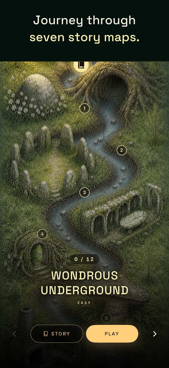 App Store screenshot: the Floral Oasis story map with illustrated puzzle landmarks, captioned “Journey through seven story maps.”