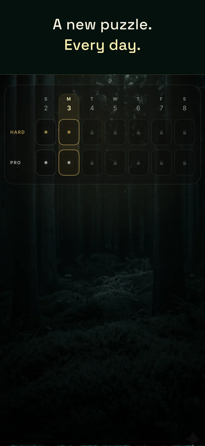 App Store screenshot: Glimmer’s Daily Puzzle story and weekly puzzle calendar, captioned “A new puzzle. Every day.”